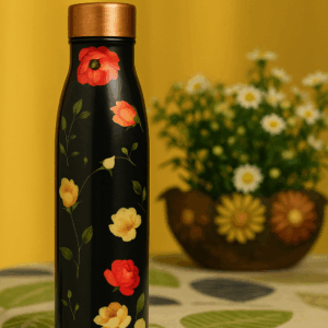 Floral Copper Bottle – Black Matte Finish | Leakproof & Ayurvedic | 1 Litre