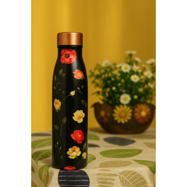 Floral Copper Bottle – Black Matte Finish | Leakproof & Ayurvedic | 1 Litre