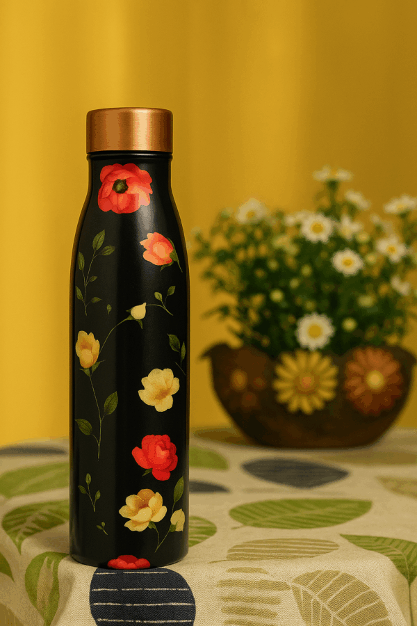Floral Copper Bottle – Black Matte Finish | Leakproof & Ayurvedic | 1 Litre