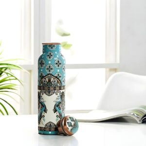Designer Printed Copper Water Bottle – Blue & Cream Mandala Art | 1L