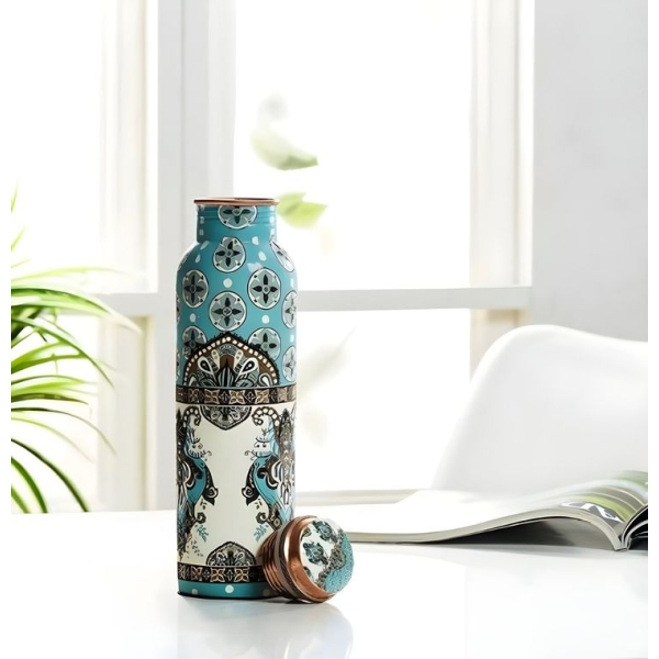 Designer Printed Copper Water Bottle – Blue & Cream Mandala Art | 1L