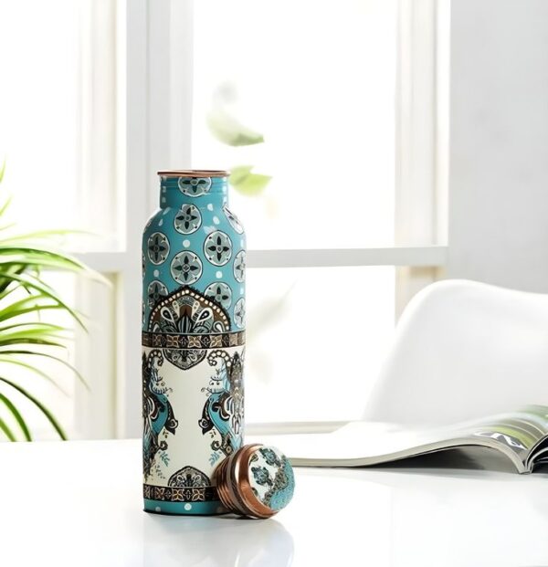 Designer Printed Copper Water Bottle – Blue & Cream Mandala Art | 1L