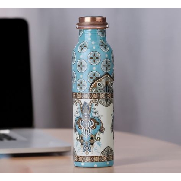 Designer Printed Copper Water Bottle – Blue & Cream Mandala Art | 1L - Image 3