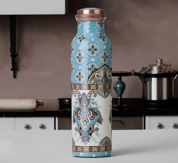 Designer Printed Copper Water Bottle – Blue & Cream Mandala Art | 1L - Image 4