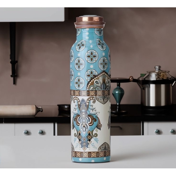 Designer Printed Copper Water Bottle – Blue & Cream Mandala Art | 1L - Image 4