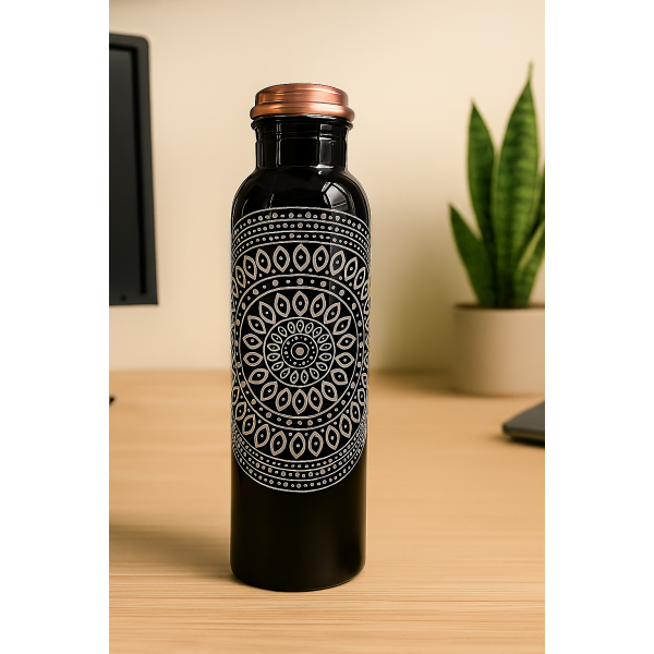 Designer Printed Copper Water Bottle – Black Mandala Art | 1L - Image 2