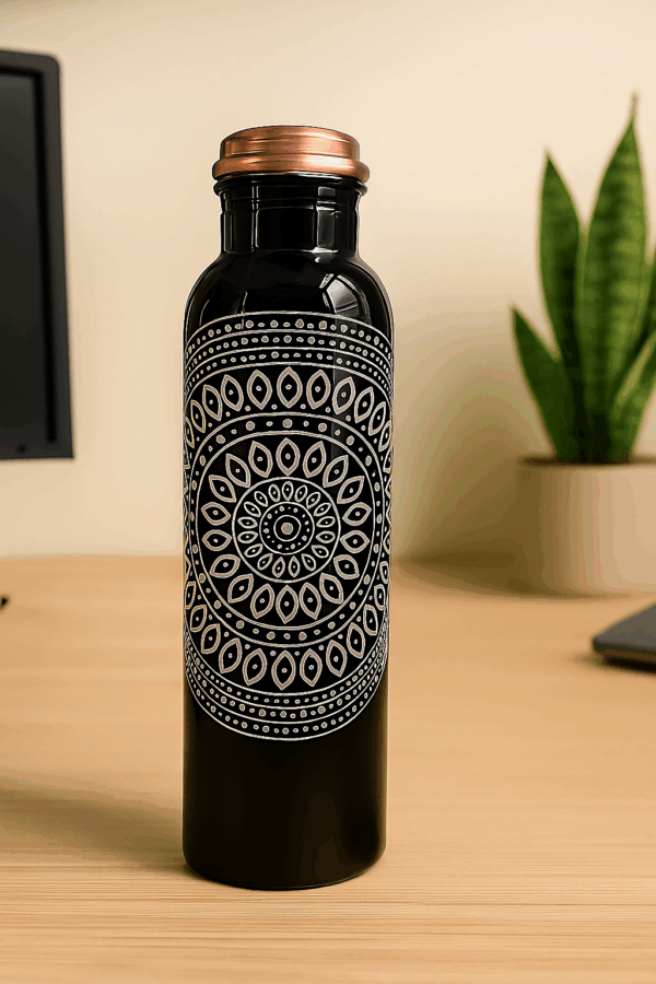 Designer Printed Copper Water Bottle – Black Mandala Art | 1L - Image 2