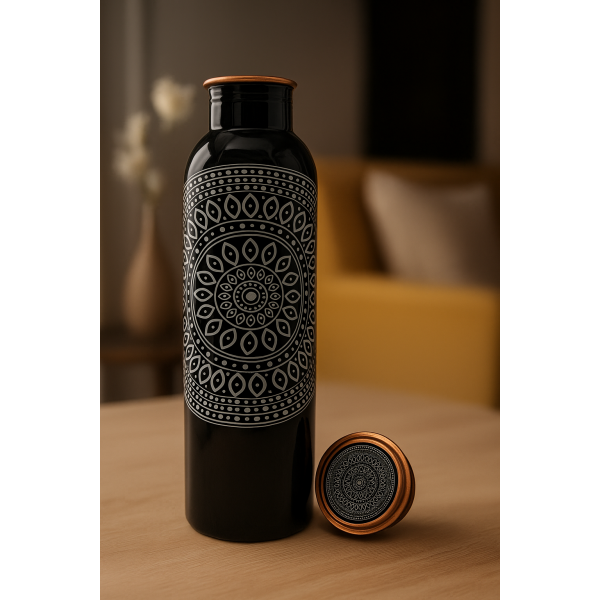 Designer Printed Copper Water Bottle – Black Mandala Art | 1L