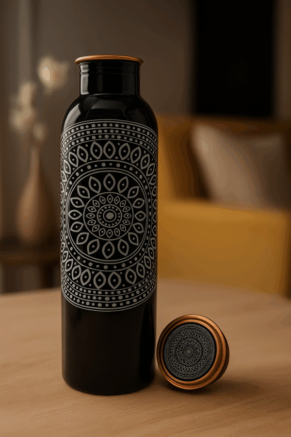 Designer Printed Copper Water Bottle – Black Mandala Art | 1L