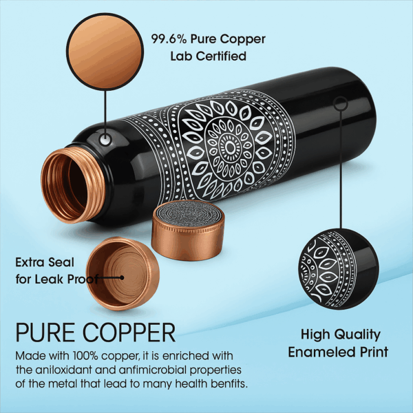 Designer Printed Copper Water Bottle – Black Mandala Art | 1L - Image 4