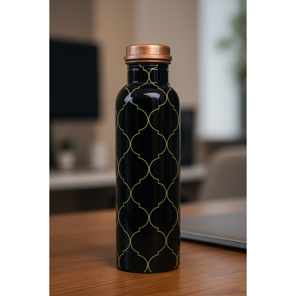 Designer Printed Copper Water Bottle – Black & Yellow Mandala Art | 1L - Image 2