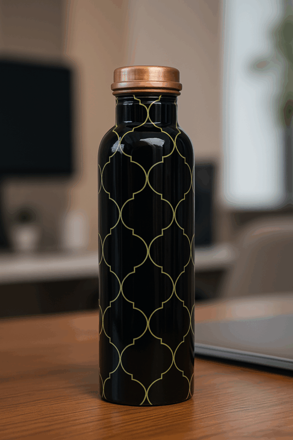 Designer Printed Copper Water Bottle – Black & Yellow Mandala Art | 1L - Image 2