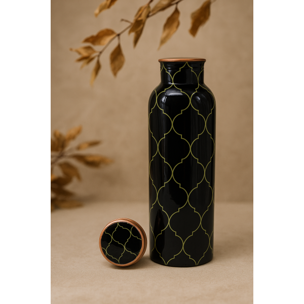 Designer Printed Copper Water Bottle – Black & Yellow Mandala Art | 1L - Image 3