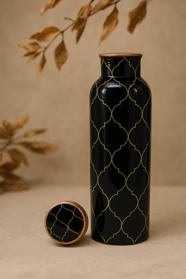 Designer Printed Copper Water Bottle – Black & Yellow Mandala Art | 1L - Image 3