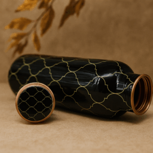 Designer Printed Copper Water Bottle – Black & Yellow Mandala Art | 1L