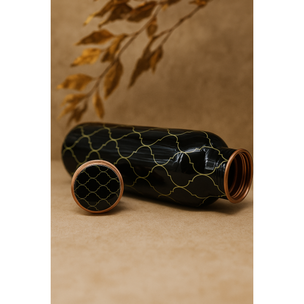 Designer Printed Copper Water Bottle – Black & Yellow Mandala Art | 1L