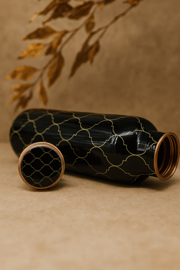 Designer Printed Copper Water Bottle – Black & Yellow Mandala Art | 1L